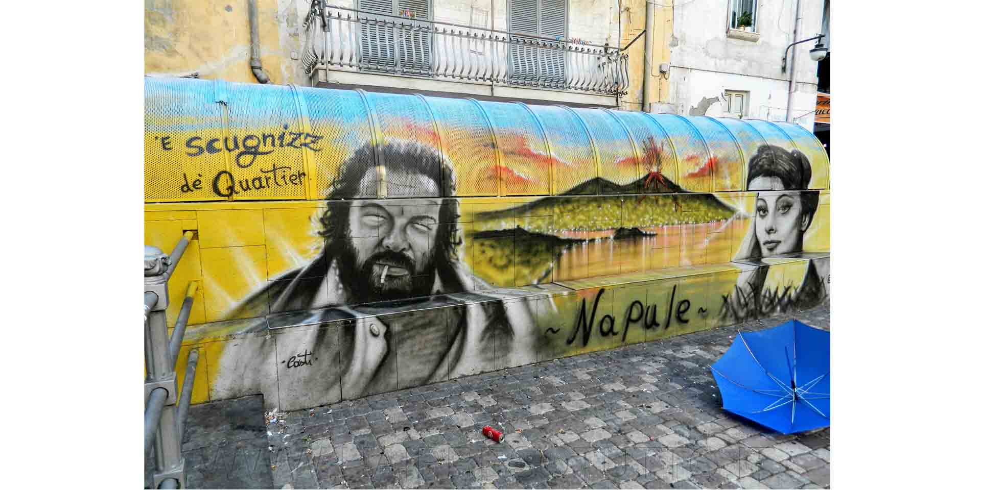 Napoli esempio di street art ai quartieri spagnoli, immagine di Bud Spencer e Sophia Loren